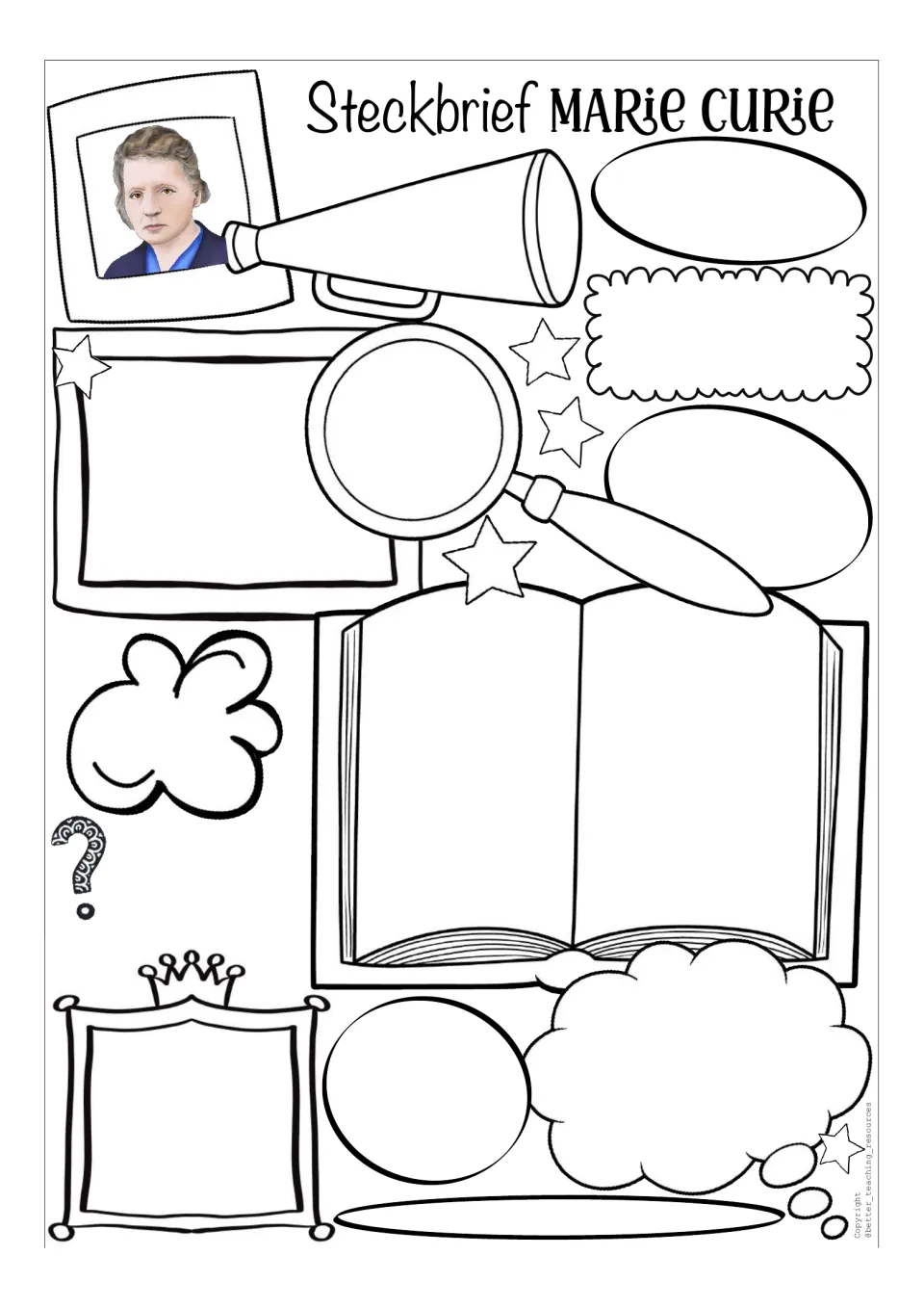 Blank Marie Curie fact file template with a color portrait for students to create their own German profile