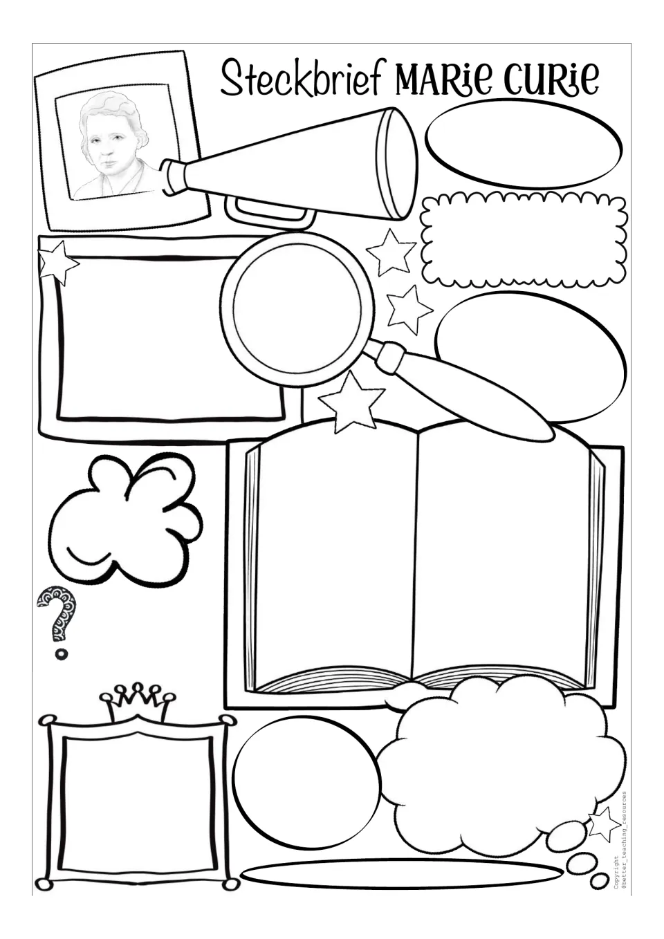 Blank Marie Curie fact file template with a grayscale portrait for students to design their own German profile