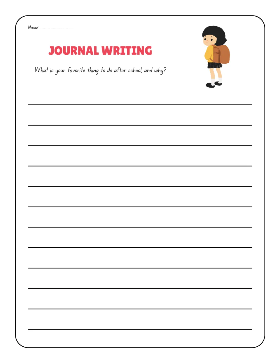 Journal prompt 1 asks students to name their favorite thing to do after school and explain why they enjoy it.