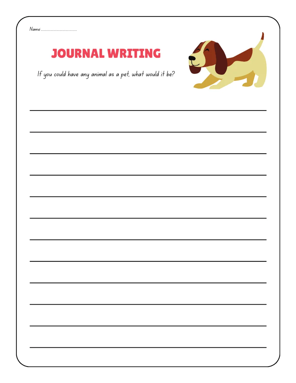 Journal prompt 2 asks students to imagine choosing any animal as a pet and write about which one they would pick.