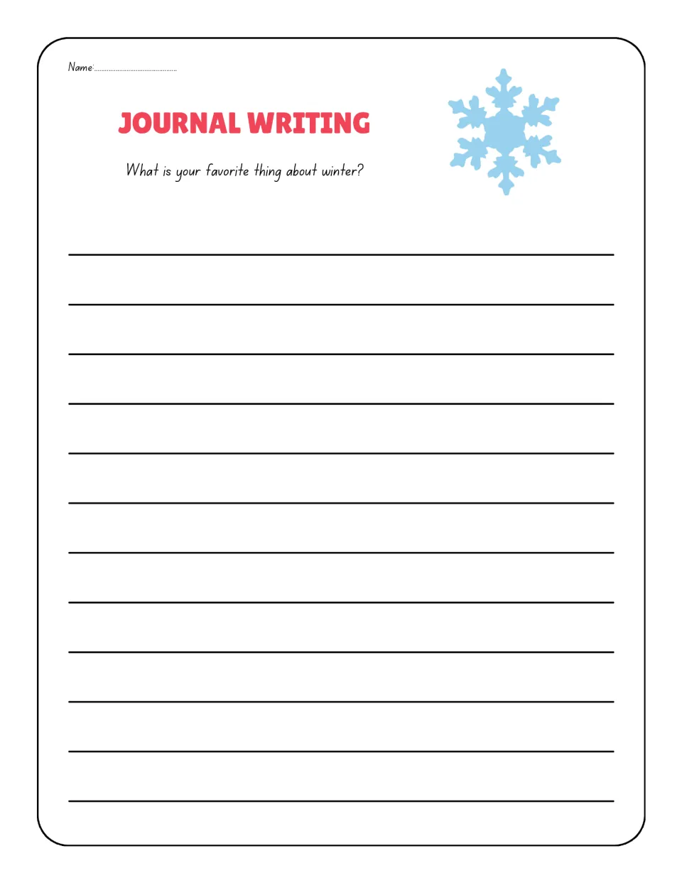 Journal prompt 6 asks 'What is your favorite thing about winter?' for a personal response about the season.