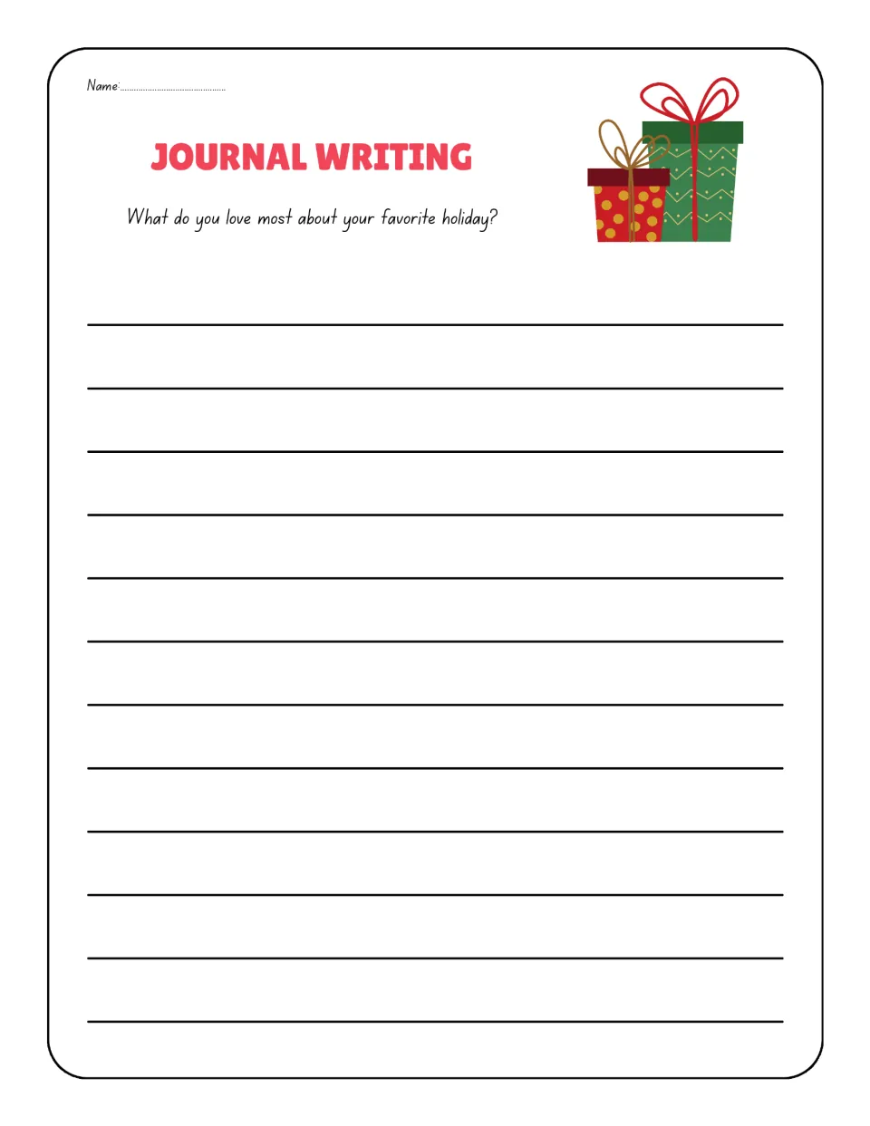 Journal prompt 9 asks students to reflect on a favorite holiday and write about what they love most about it.