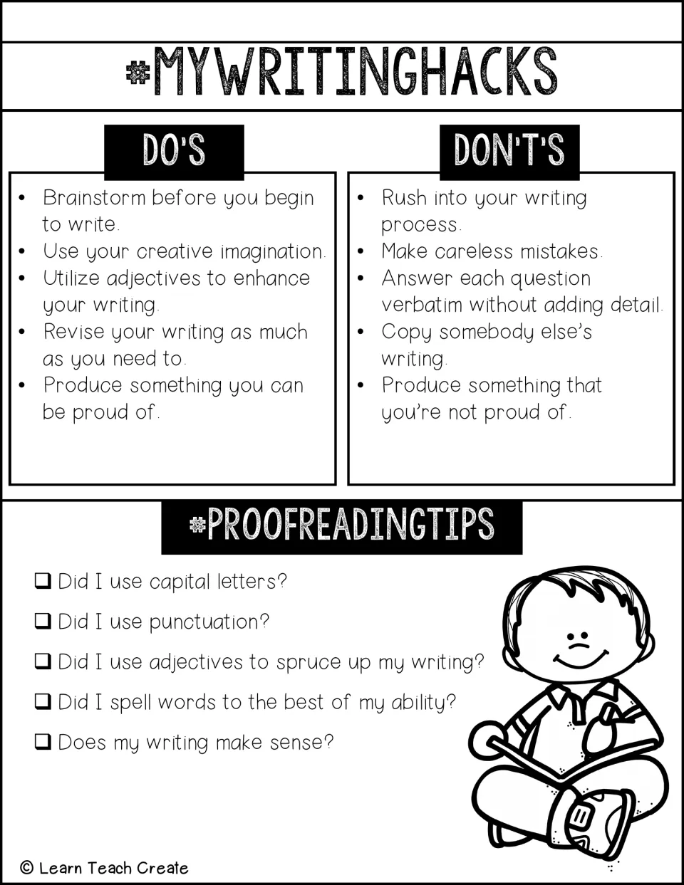 Writing hacks cheatsheet, boy-reading version: do's such as brainstorming and revising, don'ts, and proofreading questions