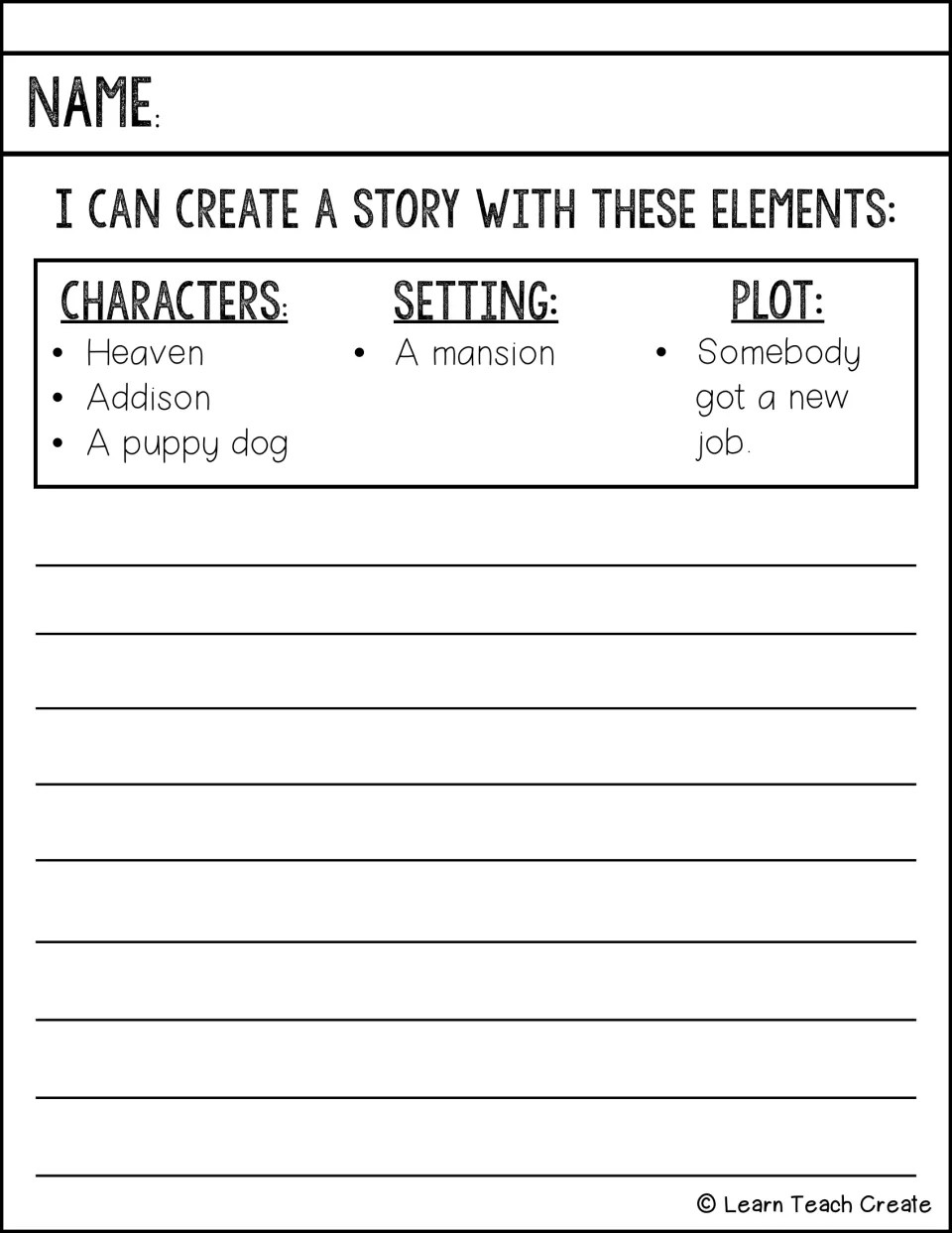 Story elements prompt: students write about Heaven, Addison and a puppy dog at a mansion when somebody gets a new job