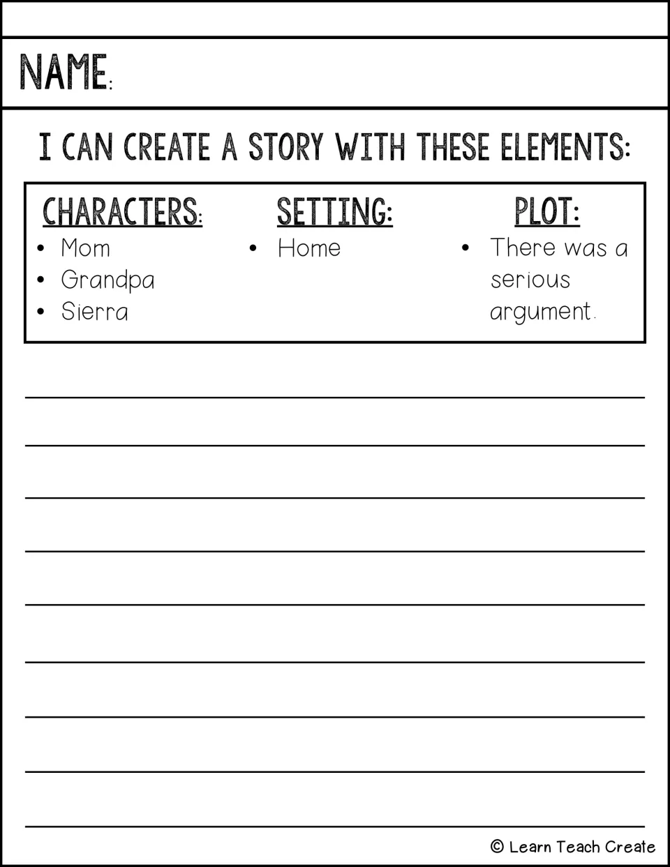 Story elements prompt: students write a story set at home where Mom, Grandpa and Sierra have a serious argument