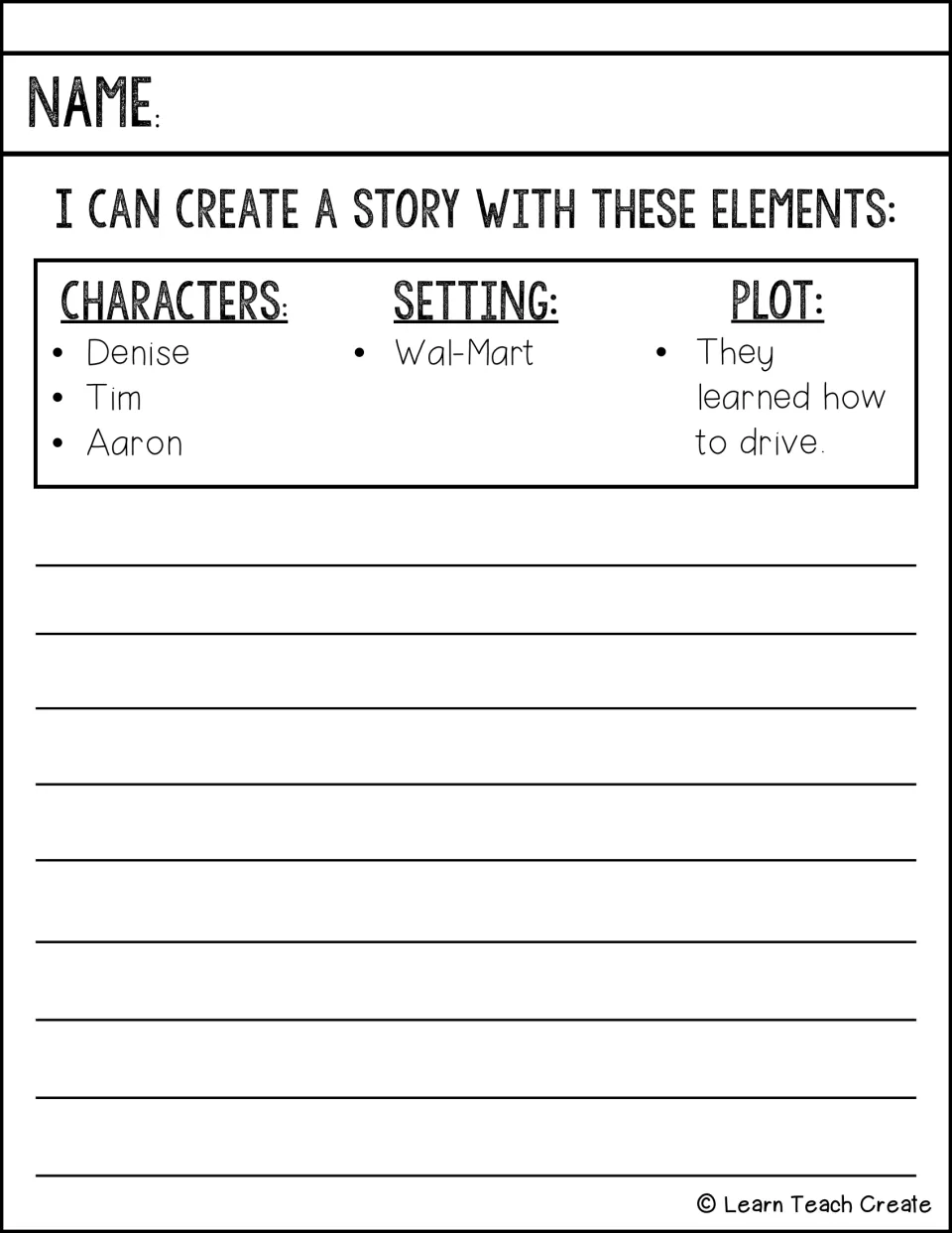 Story elements prompt: students write about Denise, Tim and Aaron learning how to drive, with Wal-Mart as the setting