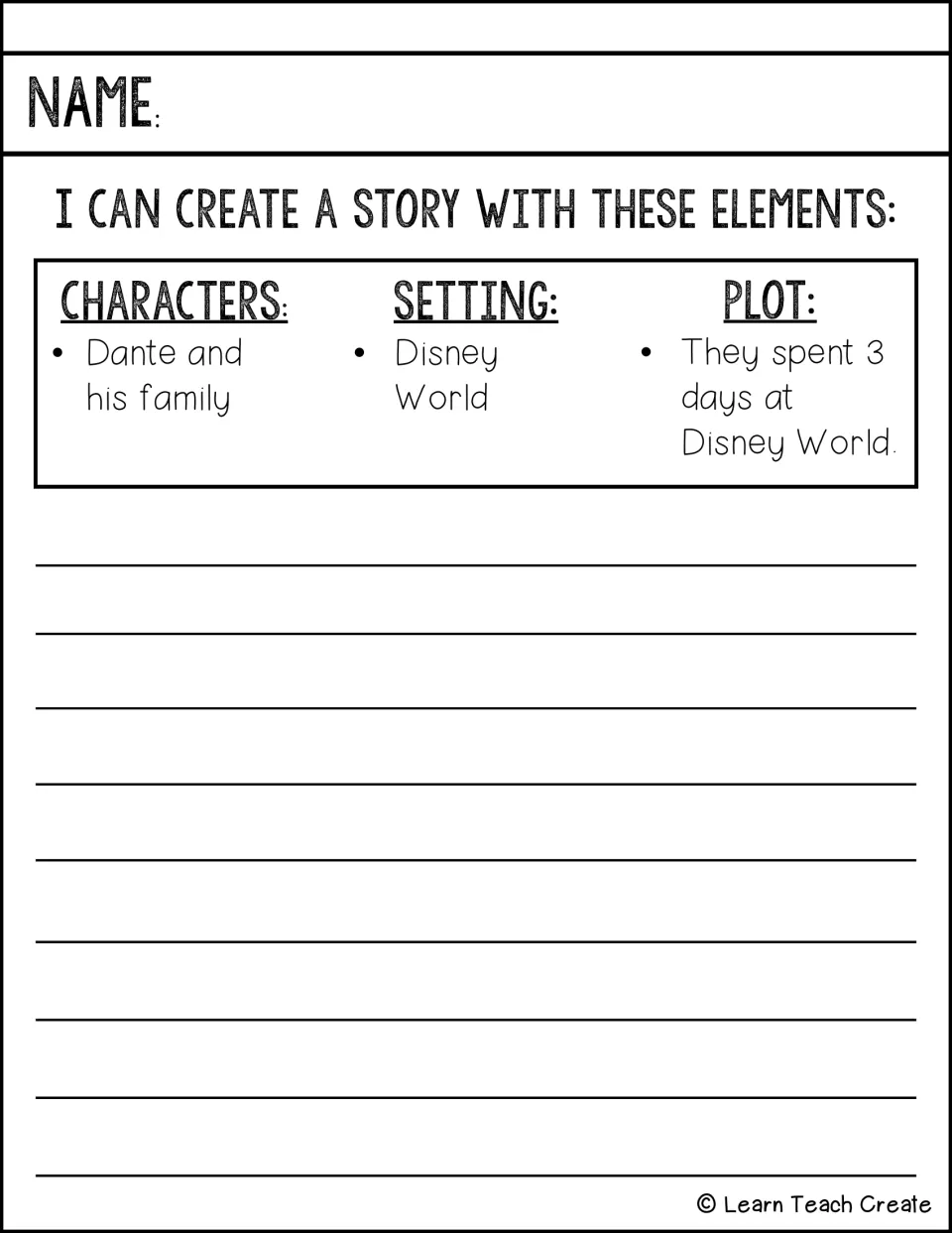 Story elements prompt: students tell a story about Dante and his family spending 3 days at Disney World