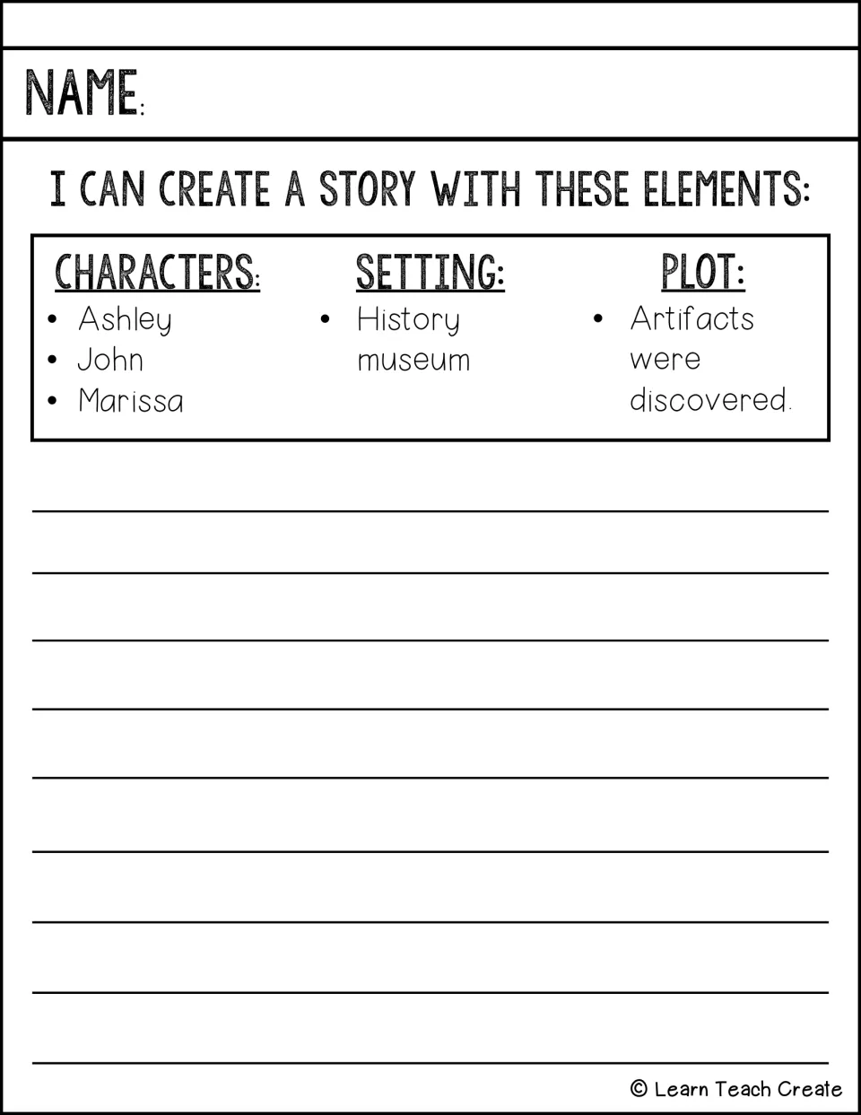 Story elements prompt: students write about Ashley, John and Marissa discovering artifacts at a history museum