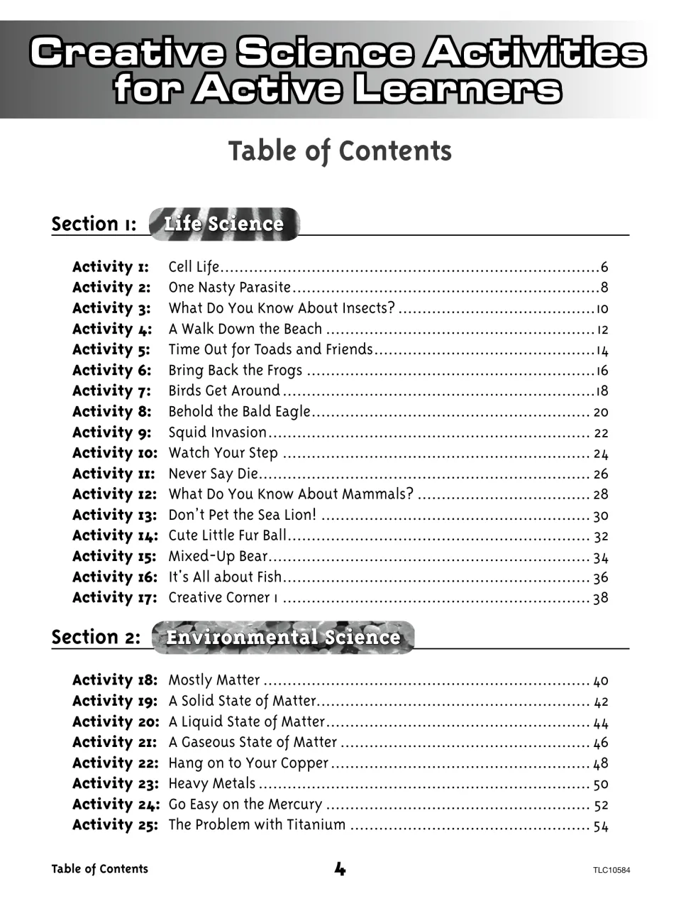 Science book contents listing activities 1–25, from Cell Life through The Problem with Titanium