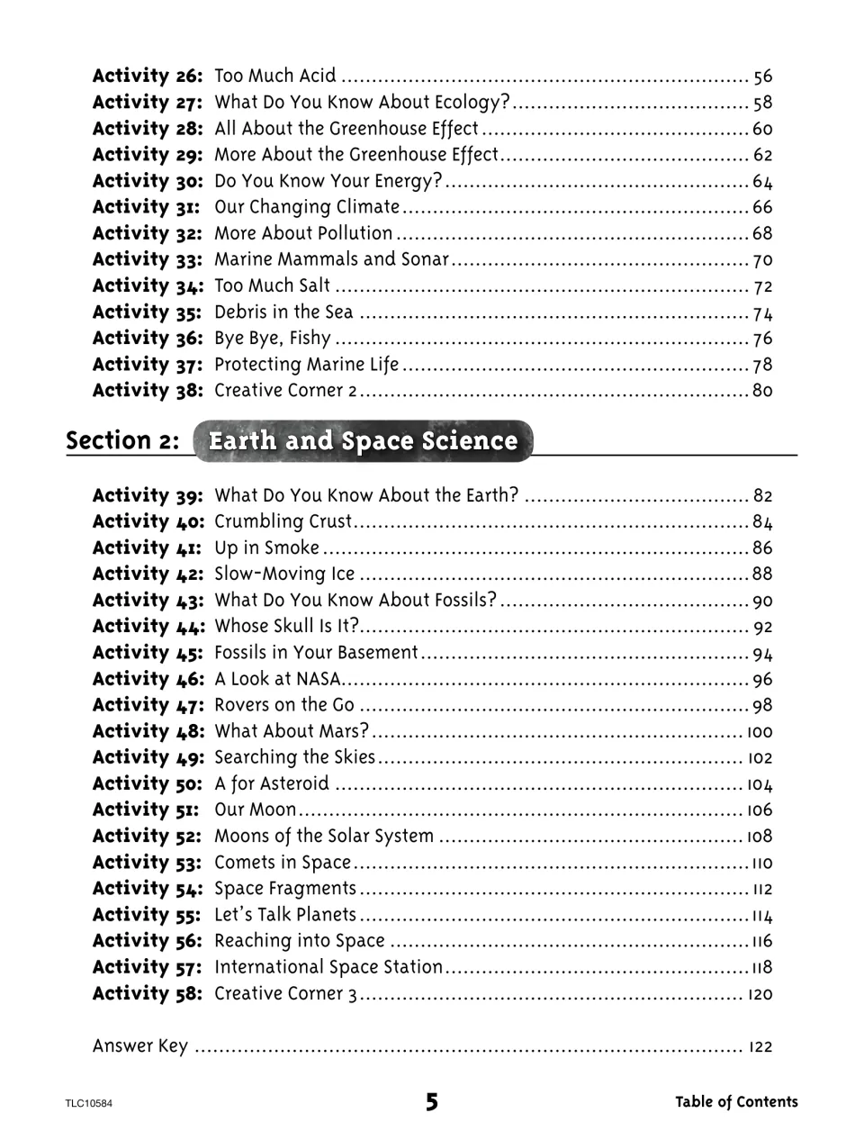 Science book contents listing activities 26–58, from Too Much Acid to Creative Corner 3, and the answer key