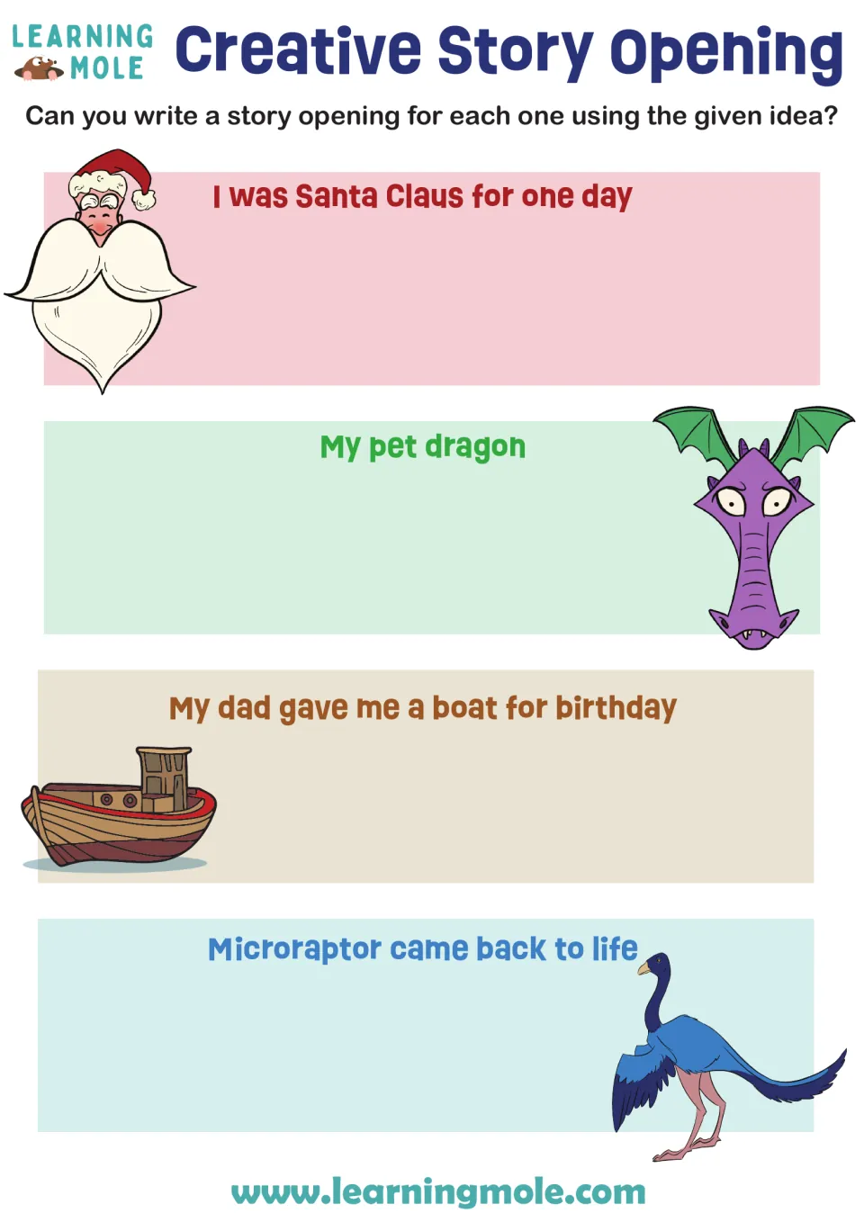 Story openings: students write an opening for 4 prompts: Santa Claus for a day, pet dragon, birthday boat, Microraptor