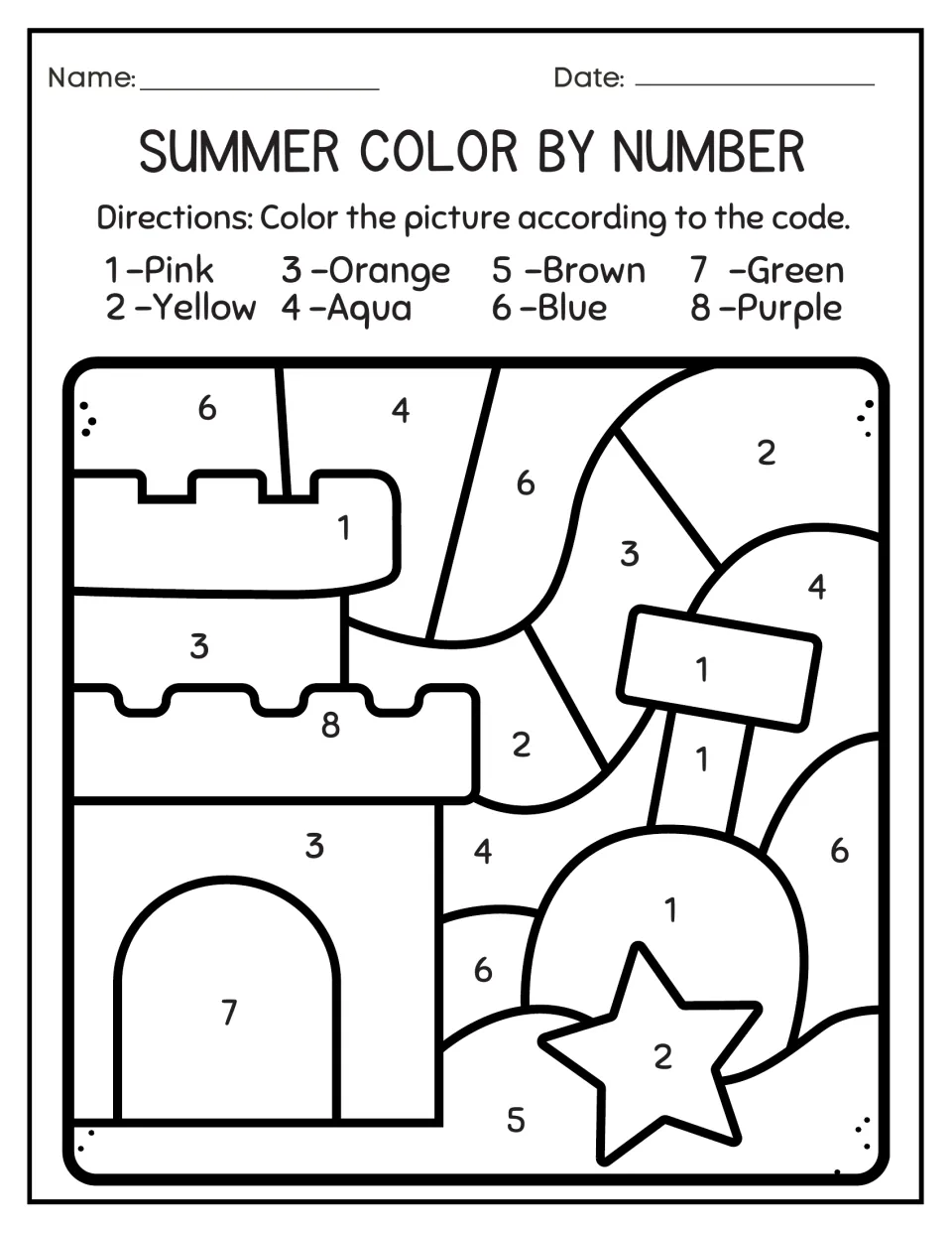 Sandcastle color by number: students match numbers 1-8 to a color code to color a castle, sand shovel and starfish
