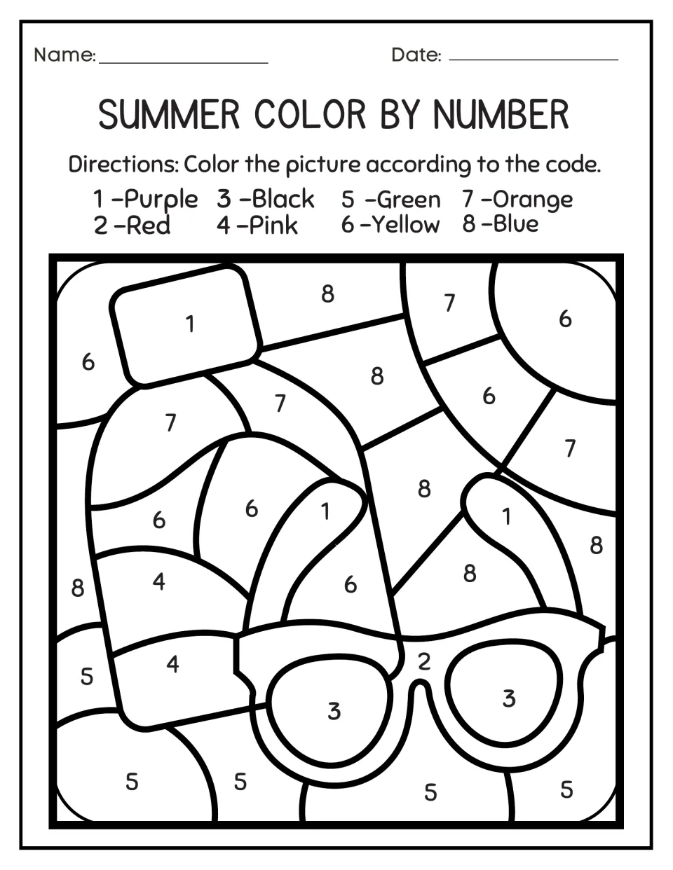 Beach color by number: students use an 8-color code to color a sunscreen bottle, a flip-flop and a pair of sunglasses
