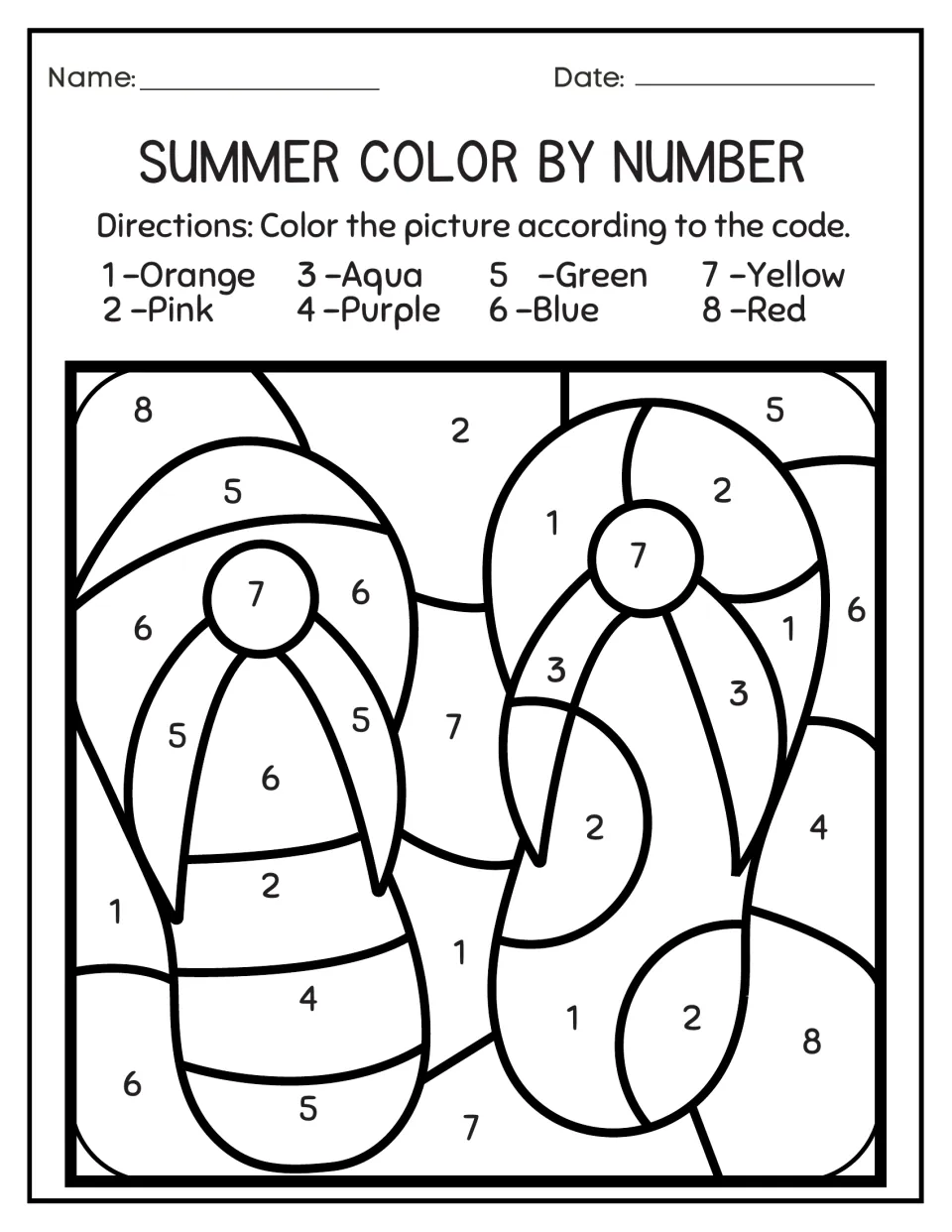 Flip-flops color by number: students read numbers 1-8 and color a pair of sandals using the color key at the top