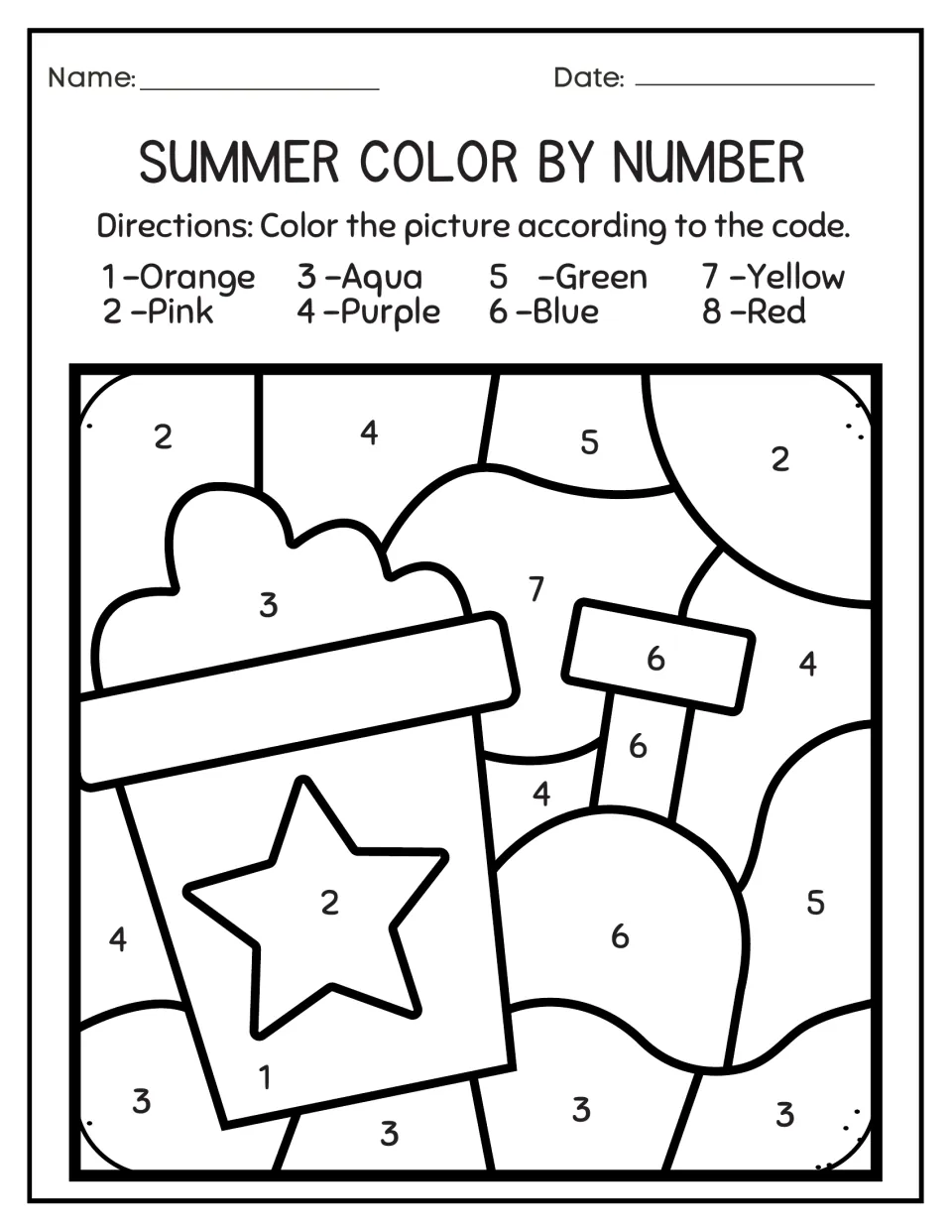 Sand bucket color by number: students follow a 1-8 color code to color a pail with a star and a shovel