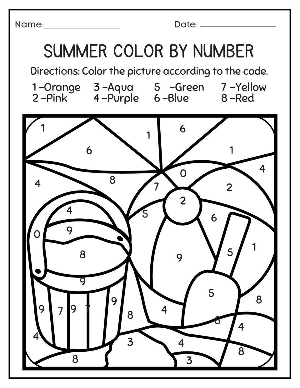 Beach toys color by number: students color a bucket, beach ball, spade and umbrella by matching numbers to a color key