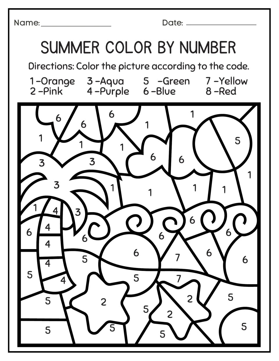 Tropical beach color by number: students match numbers 1-8 to colors for a palm tree, sun, clouds, waves and starfish