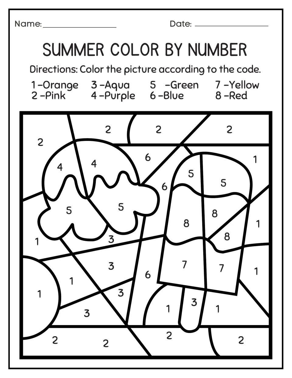 Summer treats color by number: students color an ice cream scoop and a popsicle using a numbered color code