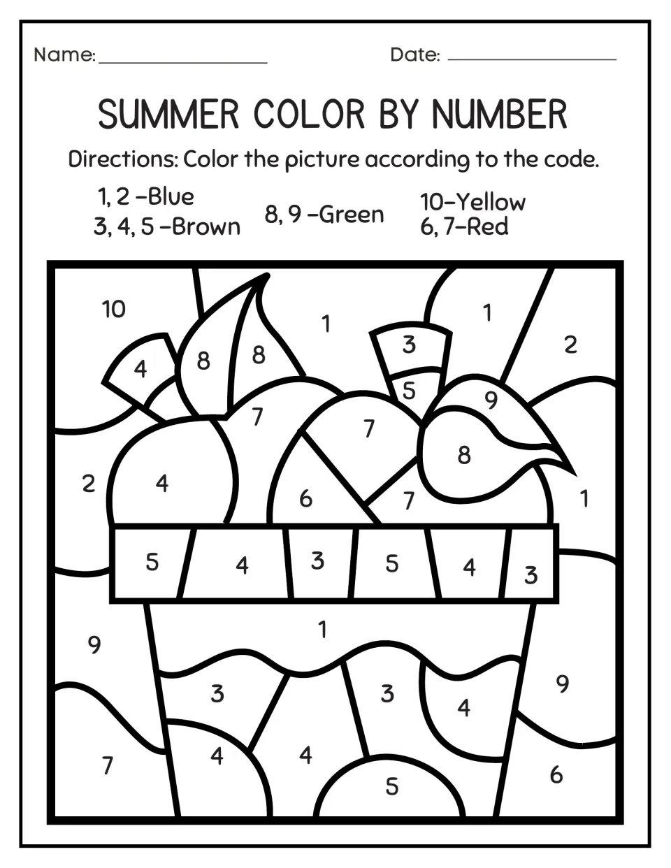 Fruit basket color by number: students color sections where two or three numbers share a color, such as 3, 4, 5 brown