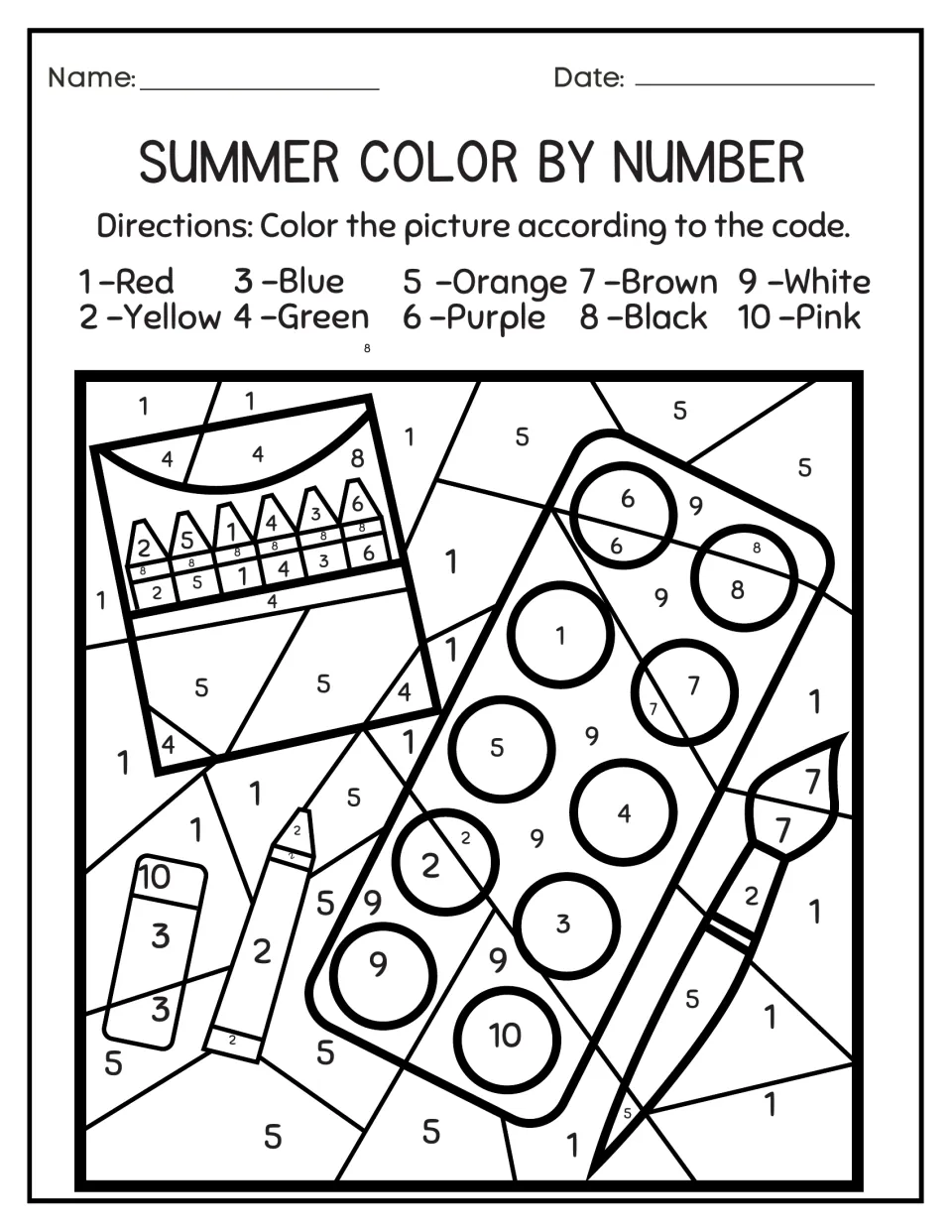 Art supplies color by number: students use a 10-color code to color a crayon box, paint palette, paintbrush and crayon