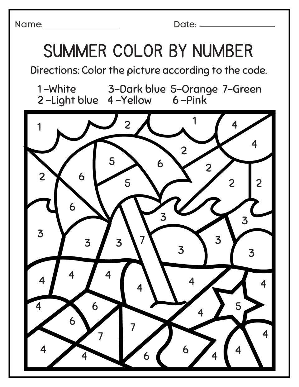 Beach umbrella color by number: students color an umbrella, sun, waves and starfish with light blue, dark blue and more