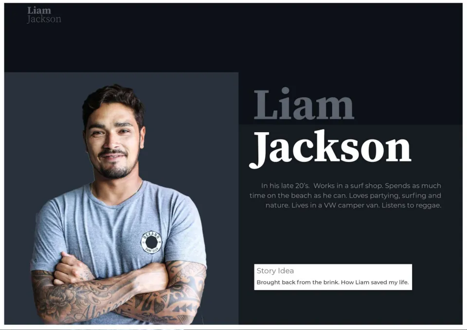 Liam Jackson profile: late-20s surfer living in a VW van; students write a story from 'Brought back from the brink'