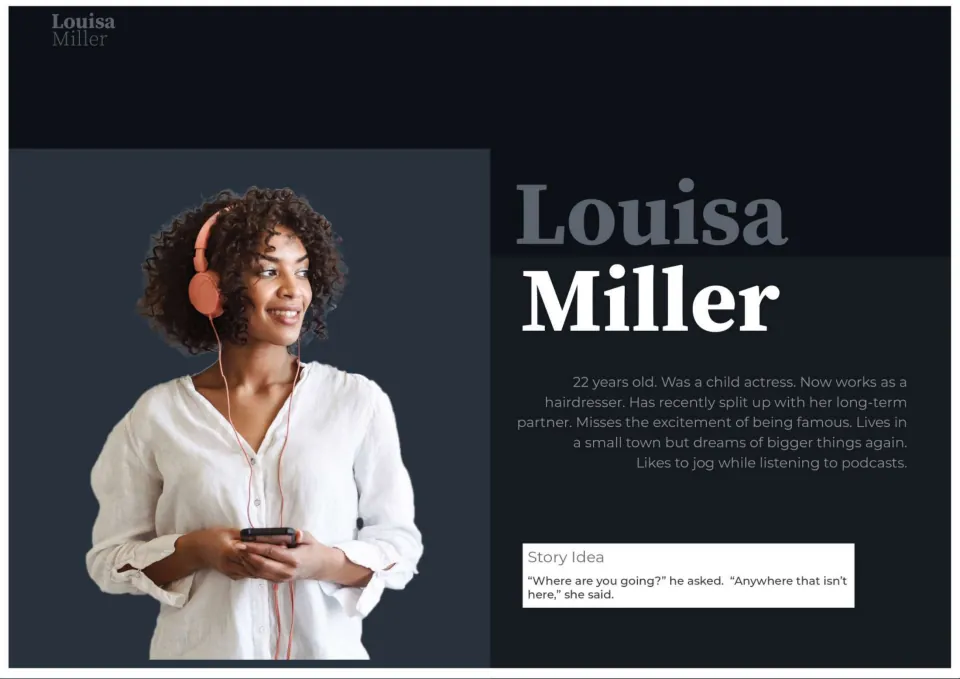 Louisa Miller profile: ex-child actress, a 22-year-old hairdresser; students write from a 'Where are you going?' dialogue