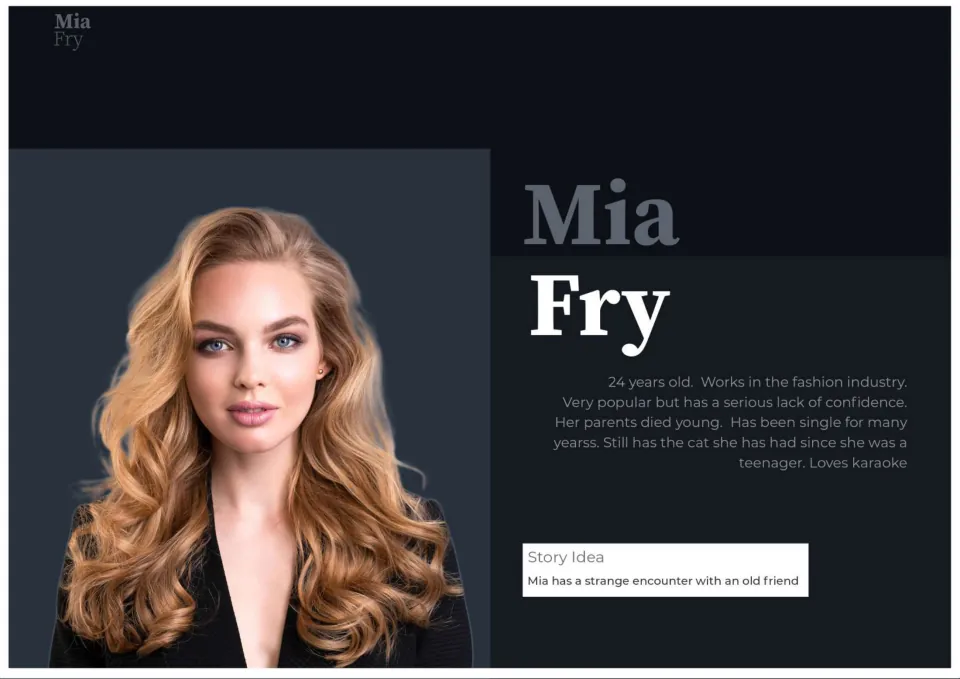 Mia Fry profile: 24-year-old fashion worker lacking confidence; students write a strange encounter with an old friend