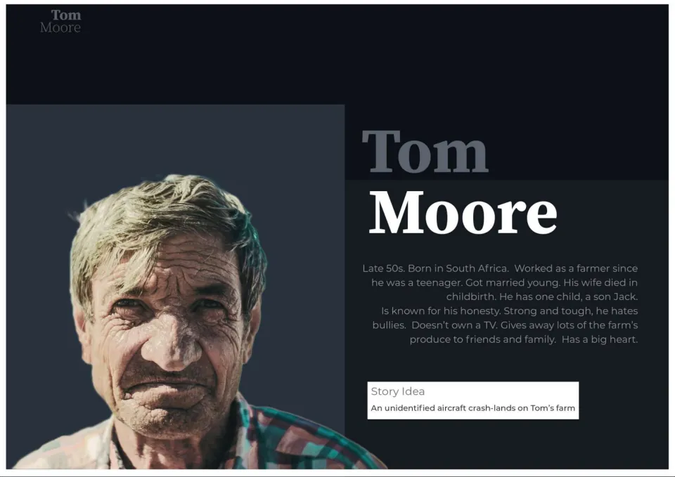 Tom Moore profile: tough farmer in his late 50s; students write about an unidentified aircraft crash-landing on his farm