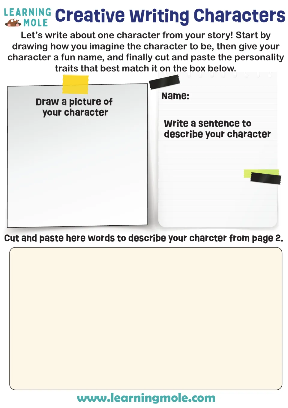 Character profile: students draw a story character, name it, write a describing sentence and paste trait words
