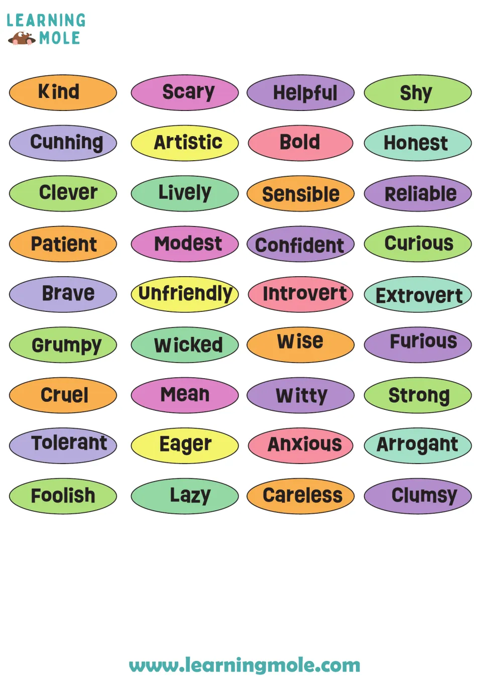 Personality trait cut-outs: 36 word labels such as kind, cunning, brave, witty and clumsy for describing a character