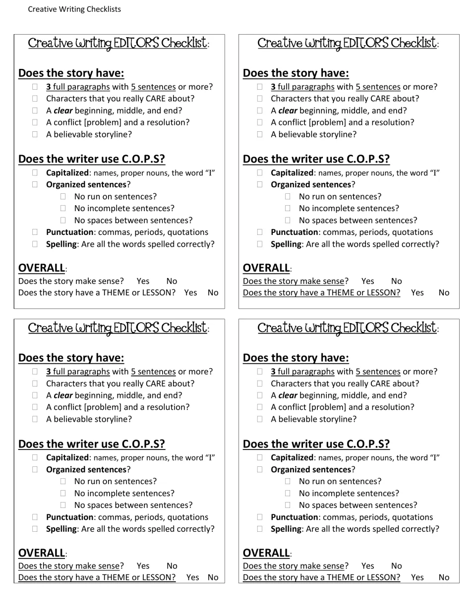 Story editing checklist: students check paragraphs, characters, conflict, C.O.P.S. conventions and theme; 4 copies a page