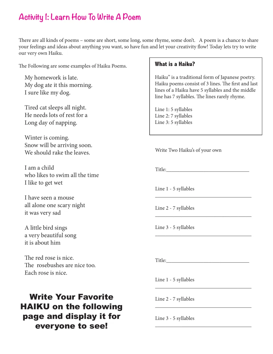 Activity 1: what a haiku is (5-7-5 syllables), seven poems like 'My homework is late', and space to write two