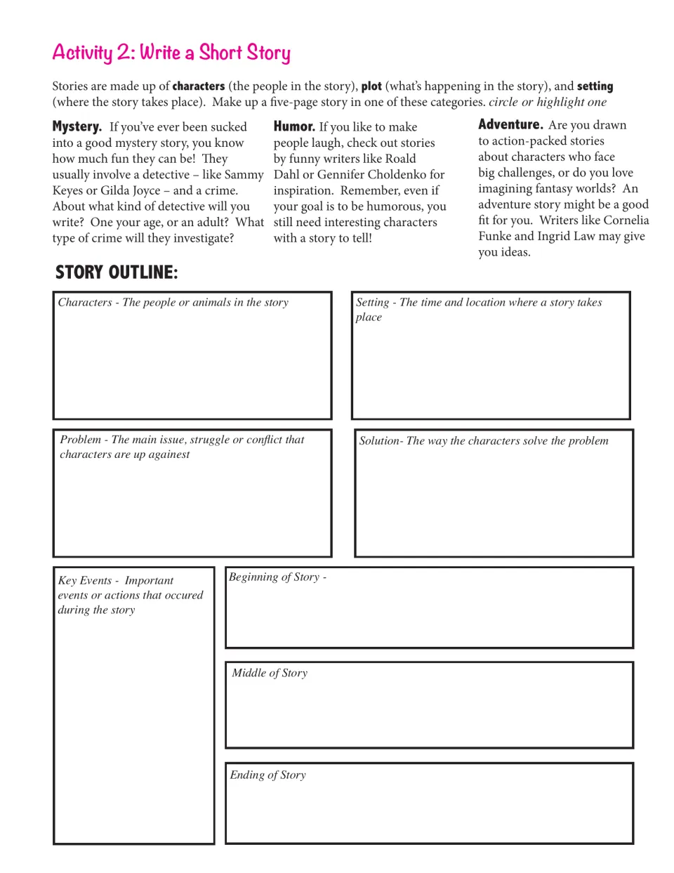 Activity 2: pick mystery, humor or adventure, then outline characters, setting, problem, solution and key events