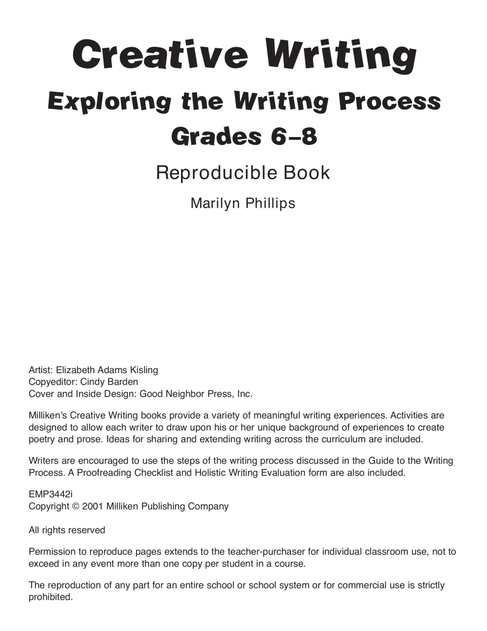 Writing book title page naming Marilyn Phillips, grades 6–8, contributor credits, and reproduction terms