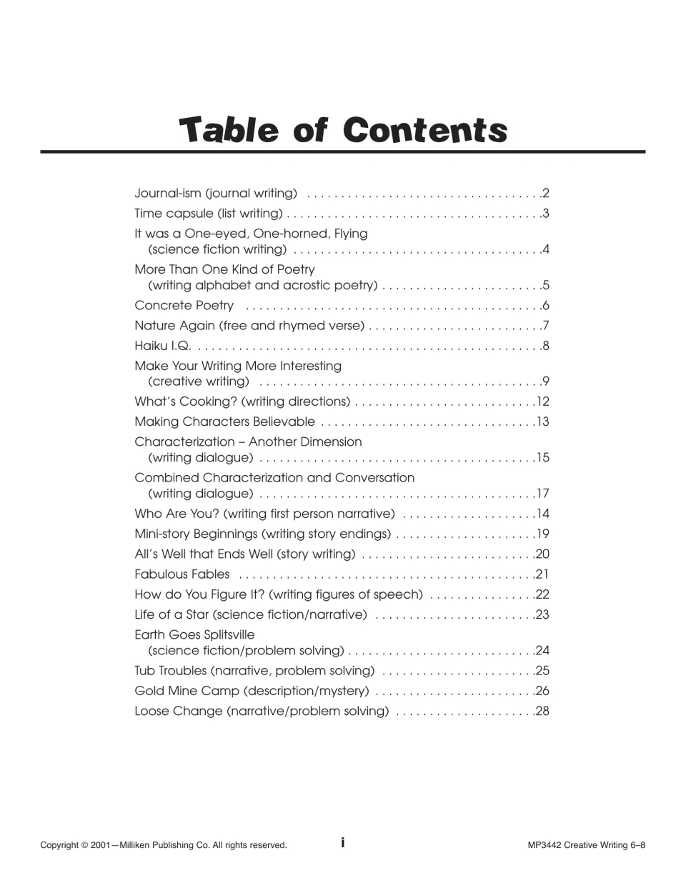 Writing book contents listing journal writing, poetry, dialogue, fables, and narrative activities
