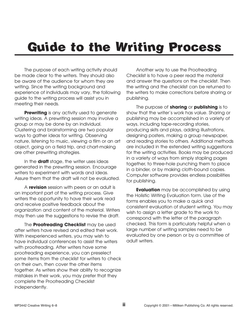 Writing-process guide covering prewriting, drafting, revision, proofreading, sharing, and evaluation