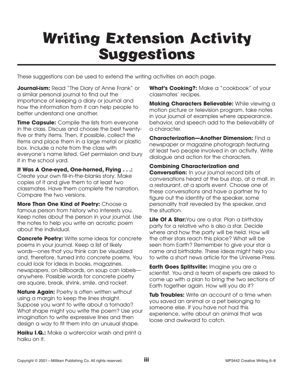 Writing extension suggestions for journals, time capsules, poetry, directions, characters, and dialogue