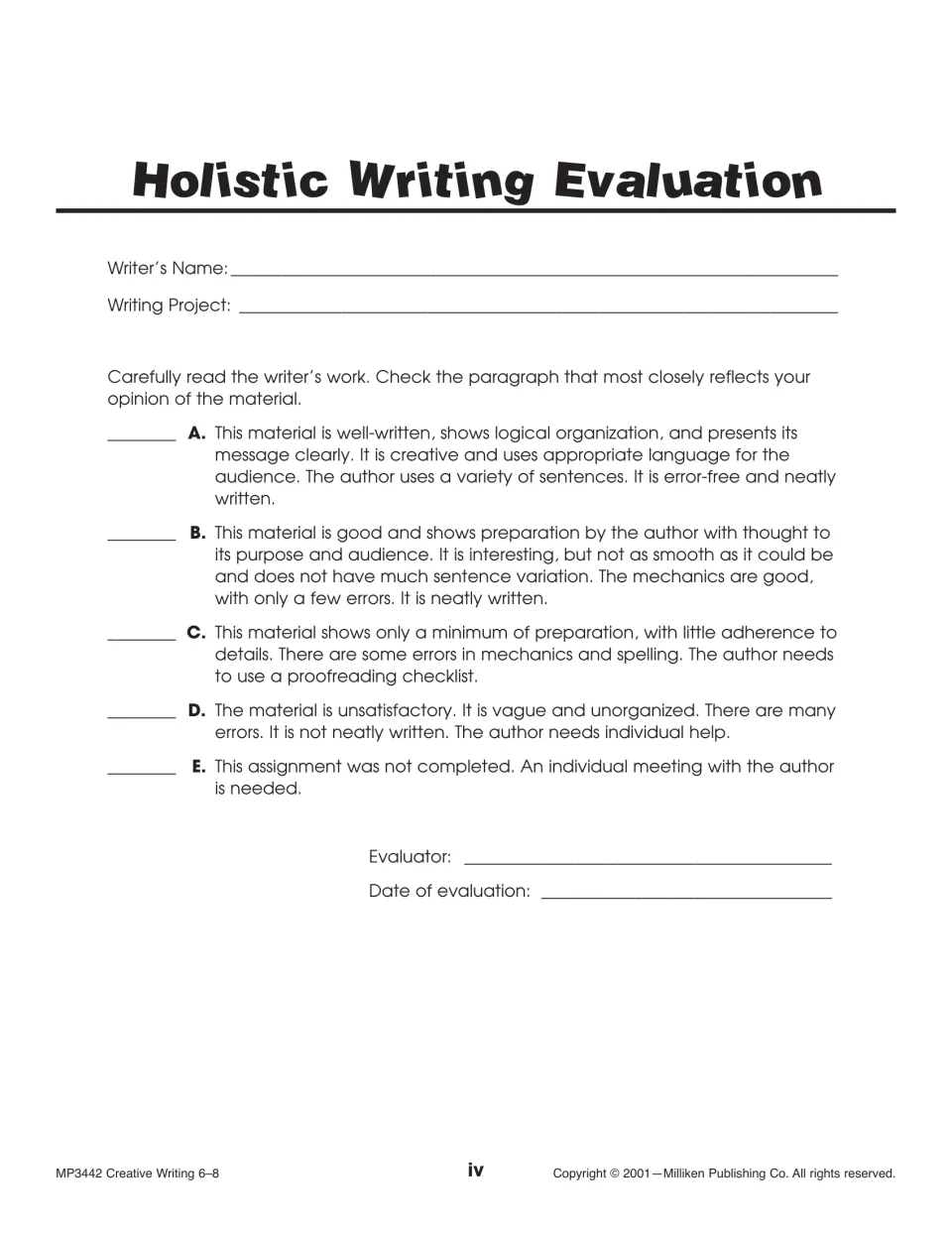 Holistic Writing Evaluation form offering five descriptions, A–E, for assessing a student's writing project