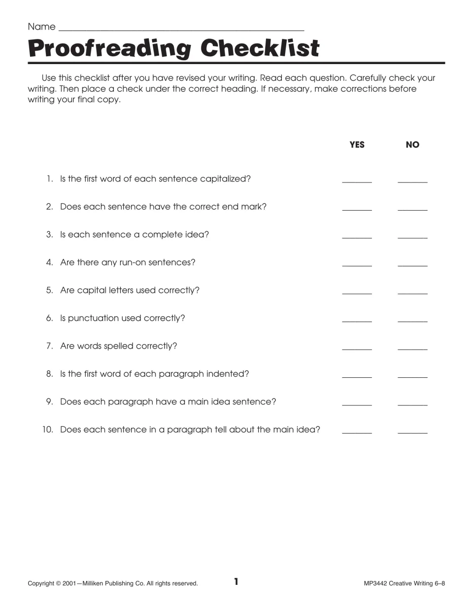 Proofreading Checklist with 10 questions on capitalization, punctuation, spelling, sentences, and paragraphs