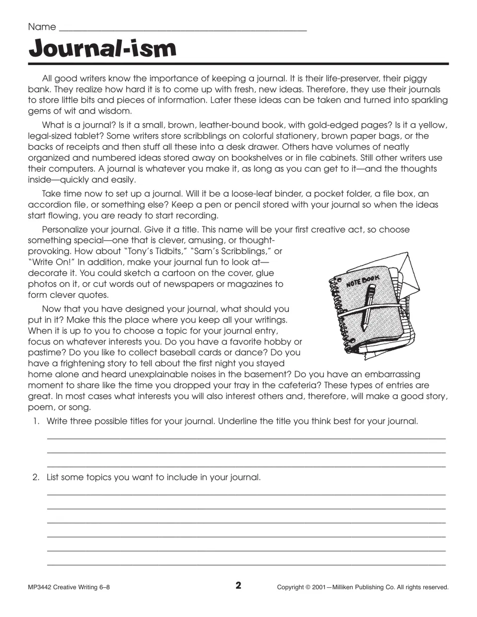 Journal-ism activity explaining how to keep a writing journal and asking for three titles and topic ideas