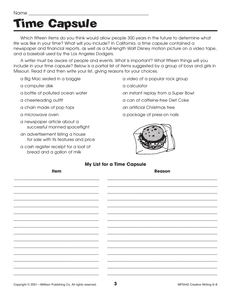 Time Capsule writing activity asking students to choose 15 items for people 300 years ahead and give reasons