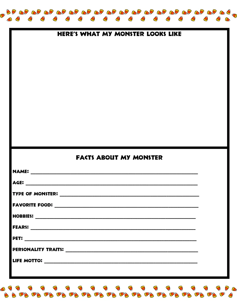 Monster planning sheet for a drawing and facts including name, age, type, favorite food, hobbies, and fears.