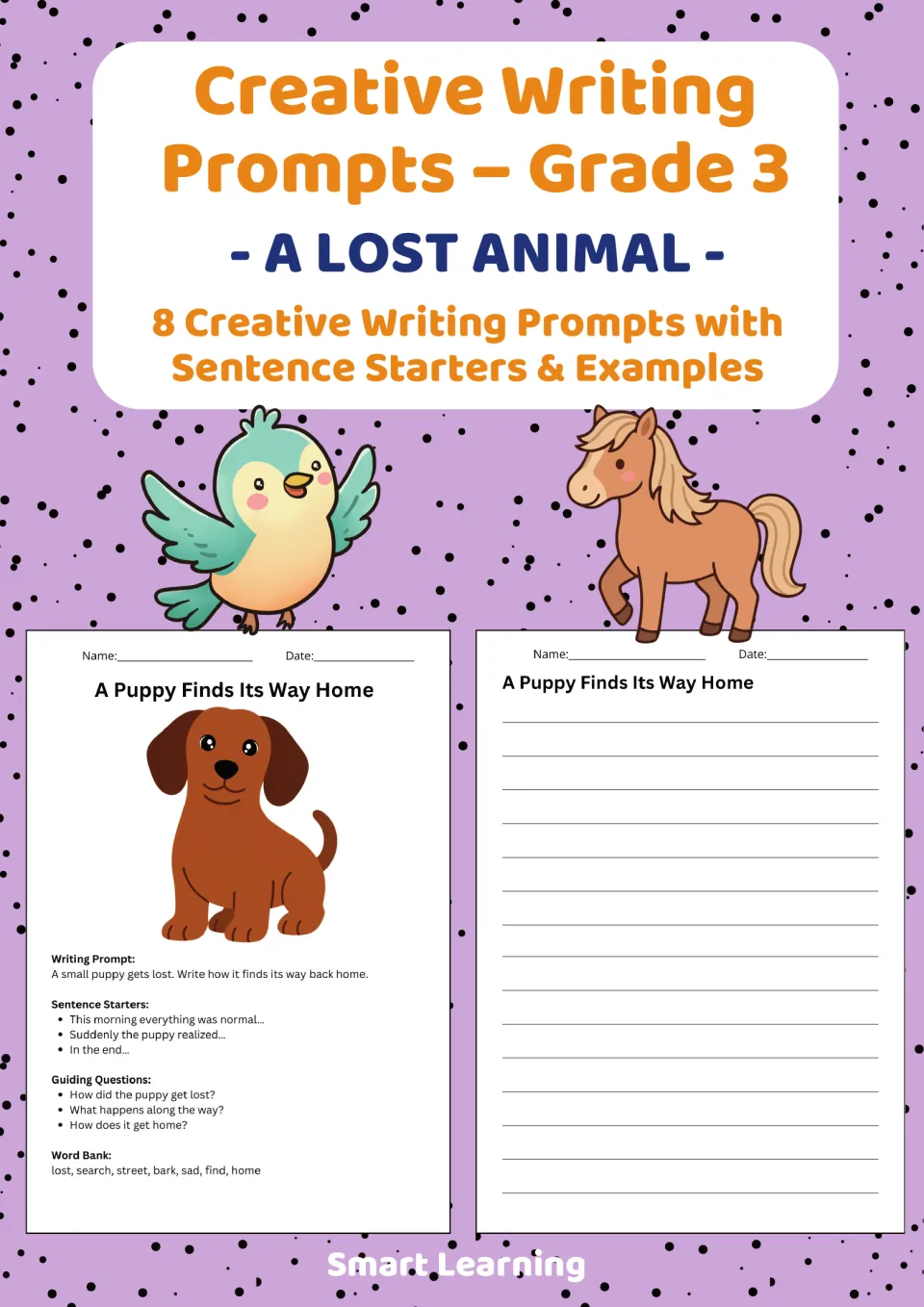 Cover of a Grade 3 lost-animal writing resource advertising eight prompts with sentence starters and examples