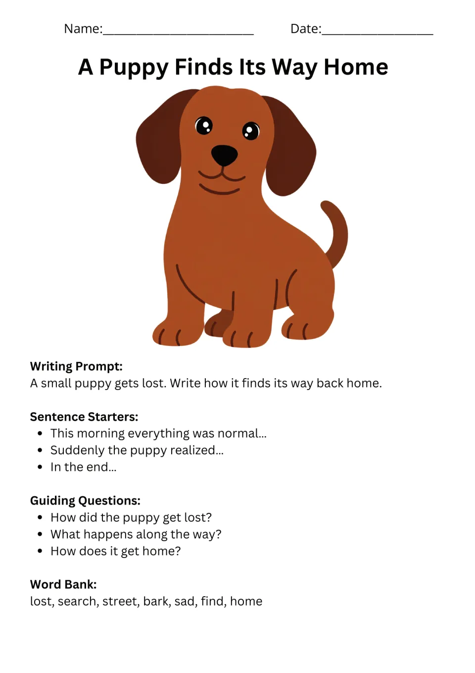 Puppy writing prompt asks how a lost puppy gets home, with sentence starters, guiding questions, and vocabulary