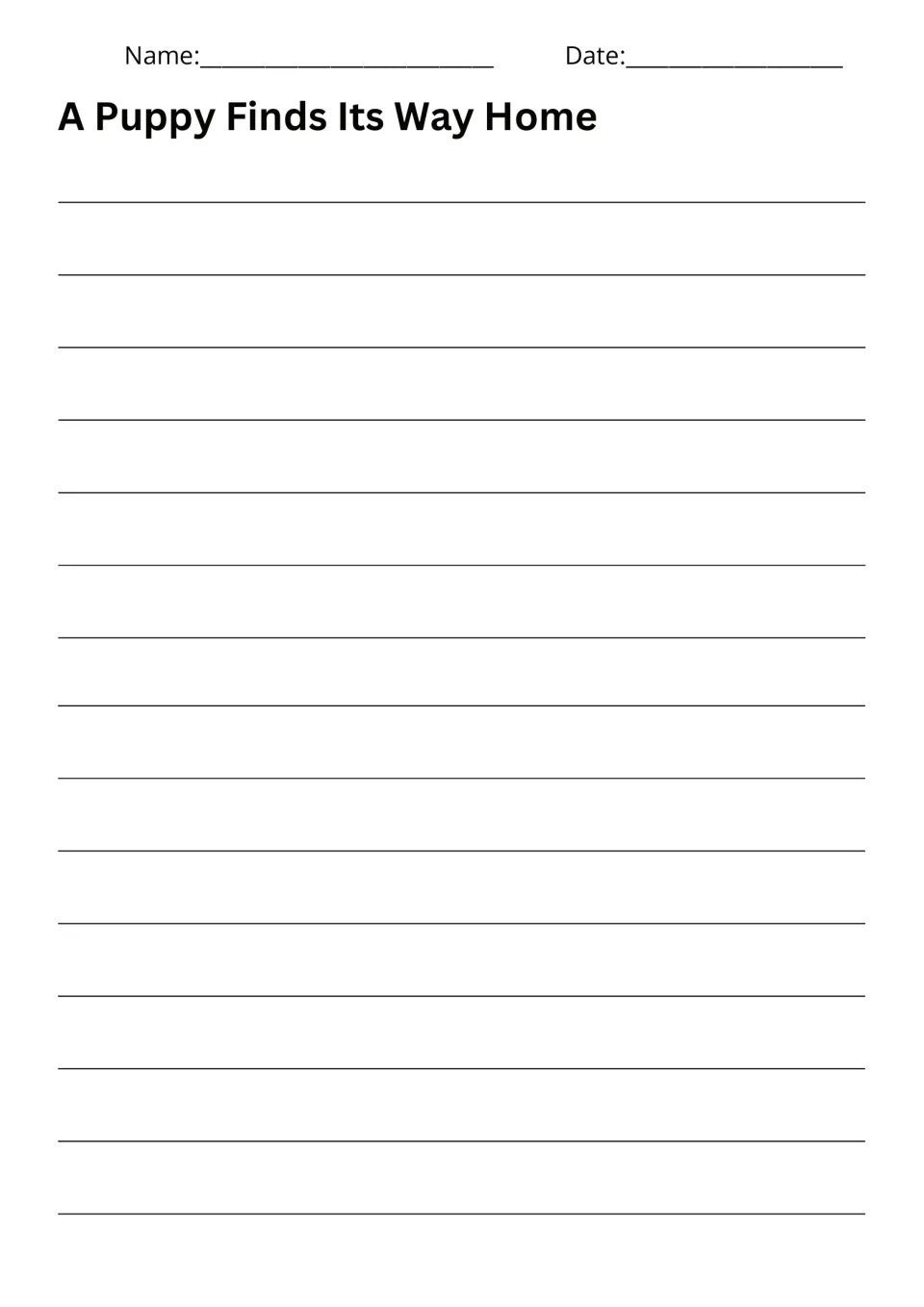 Student writing page titled A Puppy Finds Its Way Home provides space for a story responding to the puppy prompt