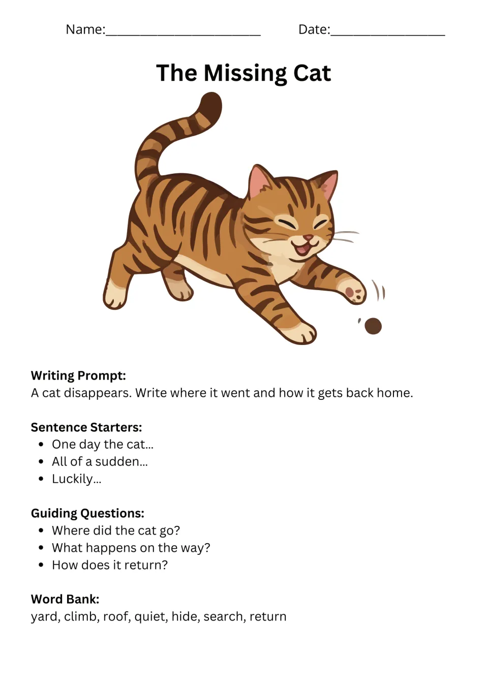 Missing-cat writing prompt asks where a cat went and how it returns, with starters, questions, and a word bank