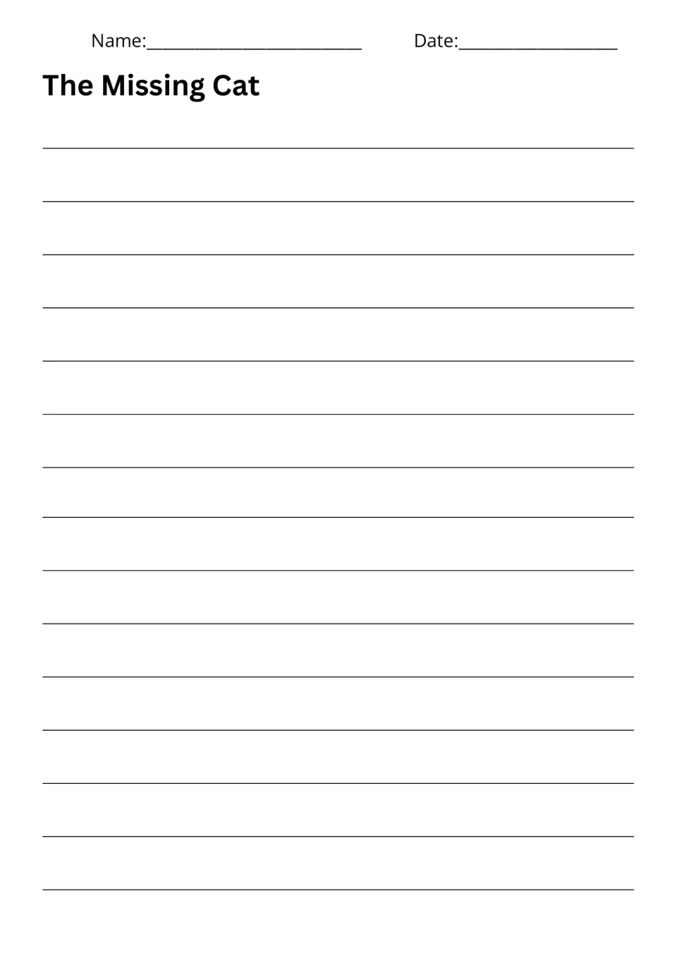 Student writing page titled The Missing Cat provides space to tell where the cat went and how it returned