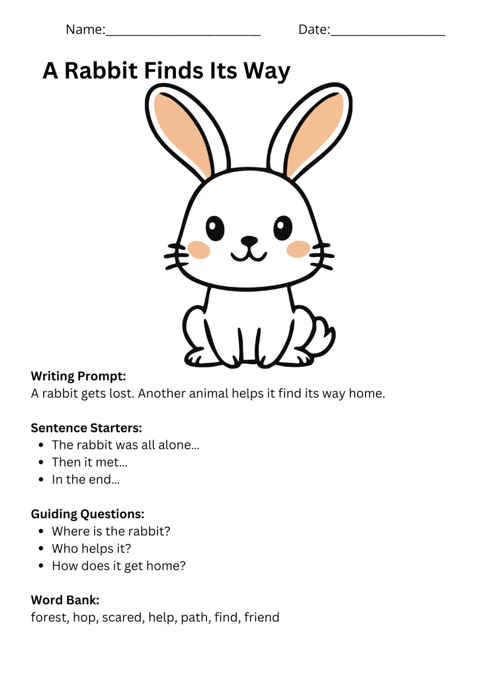 Rabbit writing prompt asks how another animal helps a lost rabbit get home, with starters, questions, and words