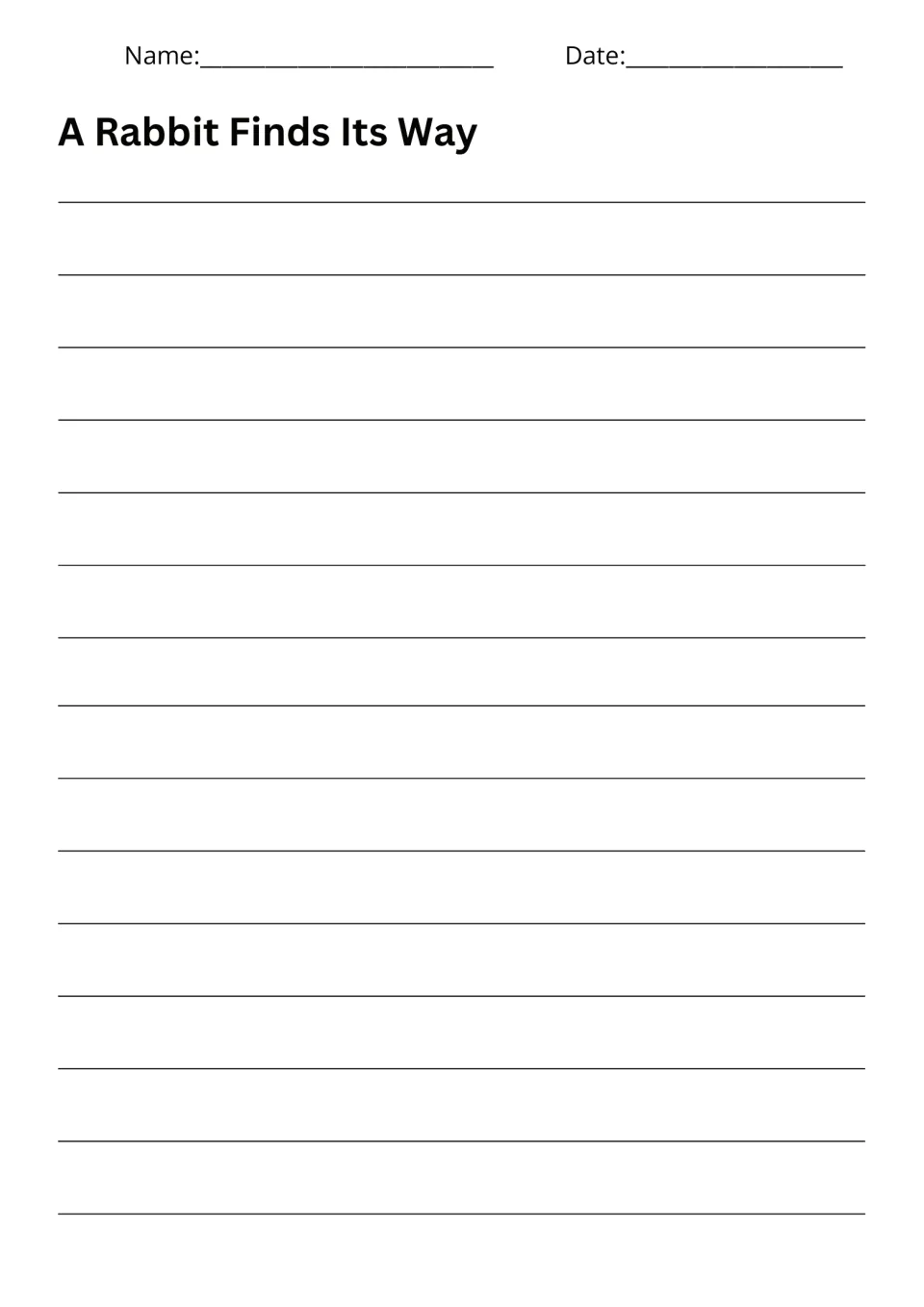 Student writing page titled A Rabbit Finds Its Way provides space for the story of a rabbit helped home
